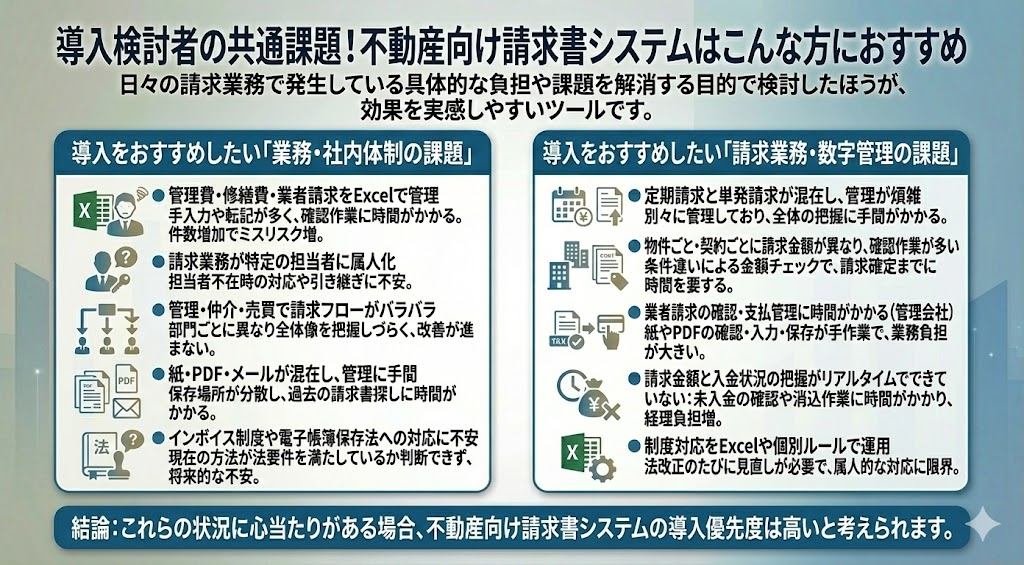 導入検討者の共通課題！不動産向け請求書システムはこんな方におすすめ